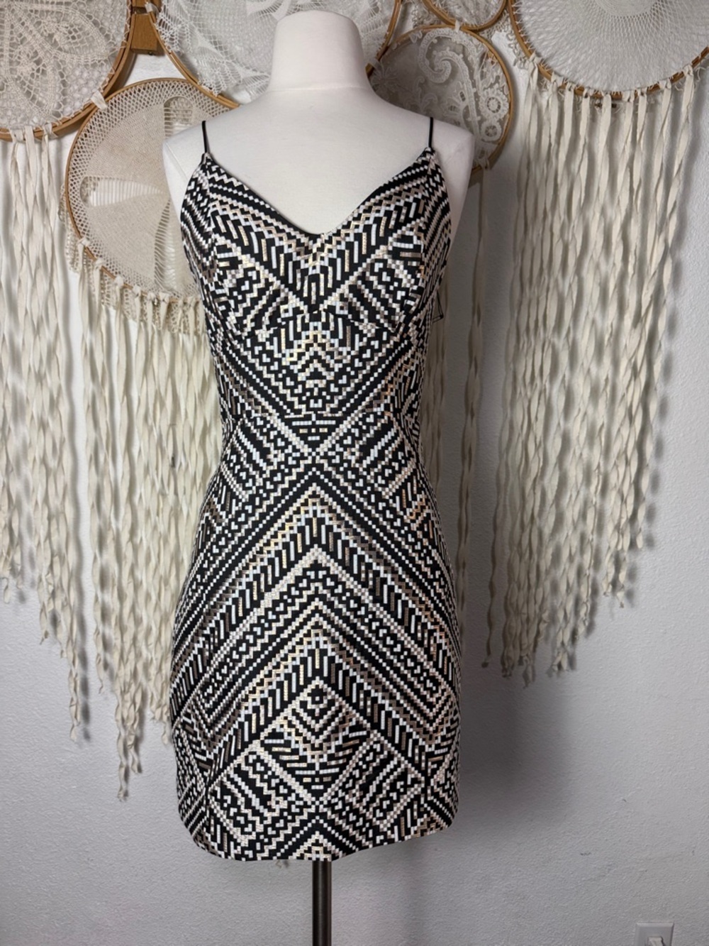 Two Arrows Brand NWT Black Gold and White Chevron Mini Dress Size Small